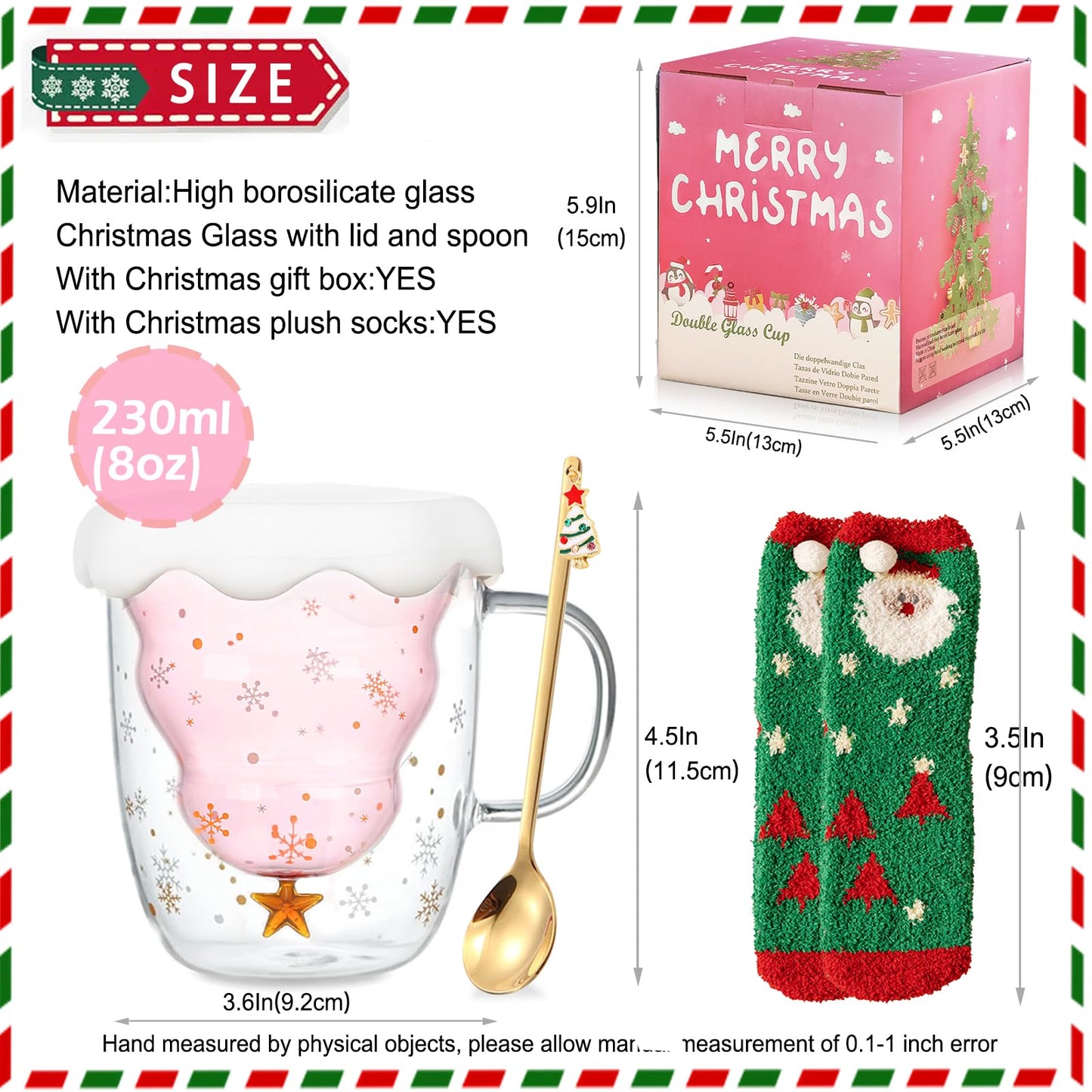 Binoster Cute Mugs Christmas Gifts Coffee Mug Double Walled Glass Mugs Milk Tea Espresso Cup Christmas Tree Decorations Christmas Funny Gifts for Women Men Kids Girls Her Best Friend（Pink） - Medaid International