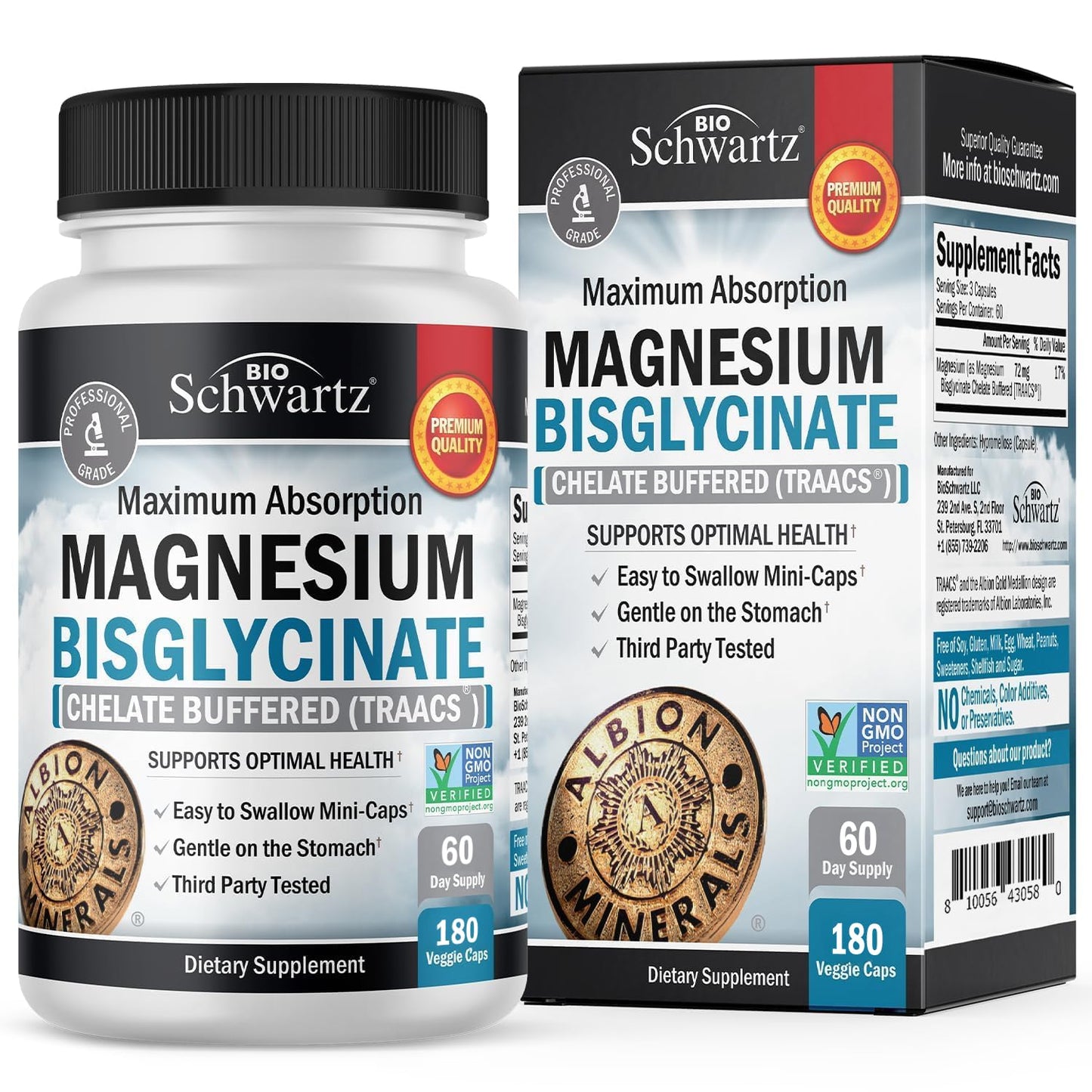 Magnesium Bisglycinate Chelated Supplement - High Absorption Magnesium Supplement for Muscle, Bone & Joint Support - Non-GMO, Non-Laxative, Fully Buffered for Maximum Bioavailability - 180 Capsules - Medaid International