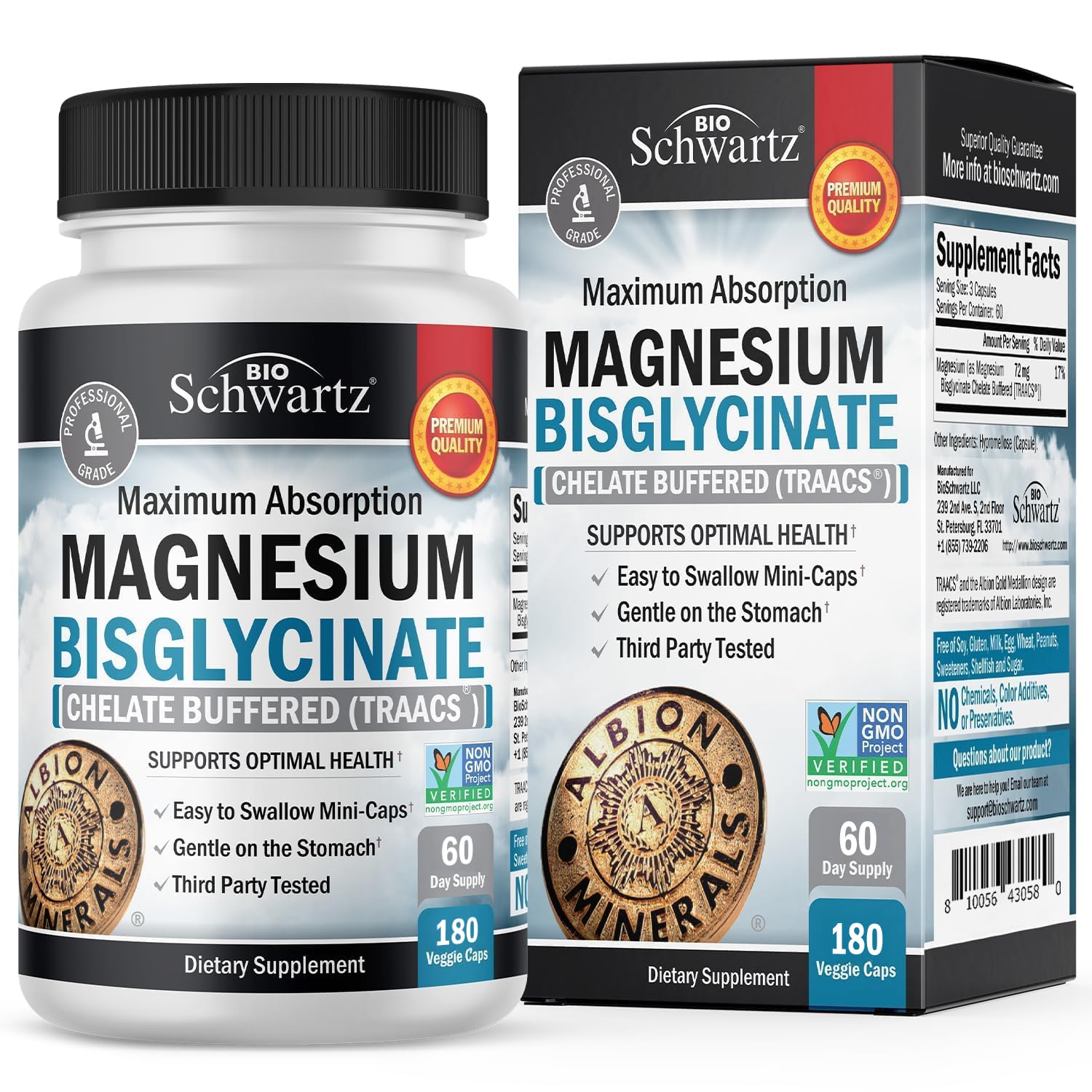Magnesium Bisglycinate Chelated Supplement - High Absorption Magnesium Supplement for Muscle, Bone & Joint Support - Non-GMO, Non-Laxative, Fully Buffered for Maximum Bioavailability - 180 Capsules - Medaid International