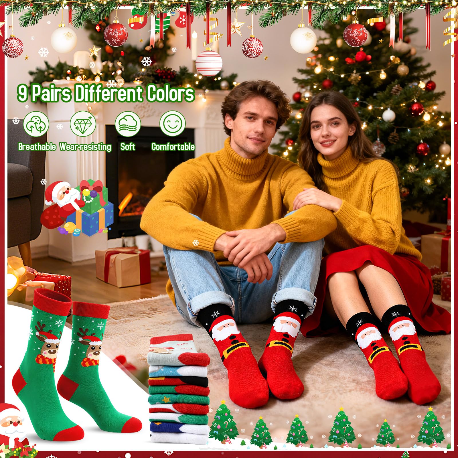 Jansun 9 Pairs Christmas Socks for Men Women Funny Novelty Cute Xmas Holiday Crew Socks Santa Socks Unisex Crew Cotton Sock Stocking Stuffers Funny Xmas Gifts - Medaid International