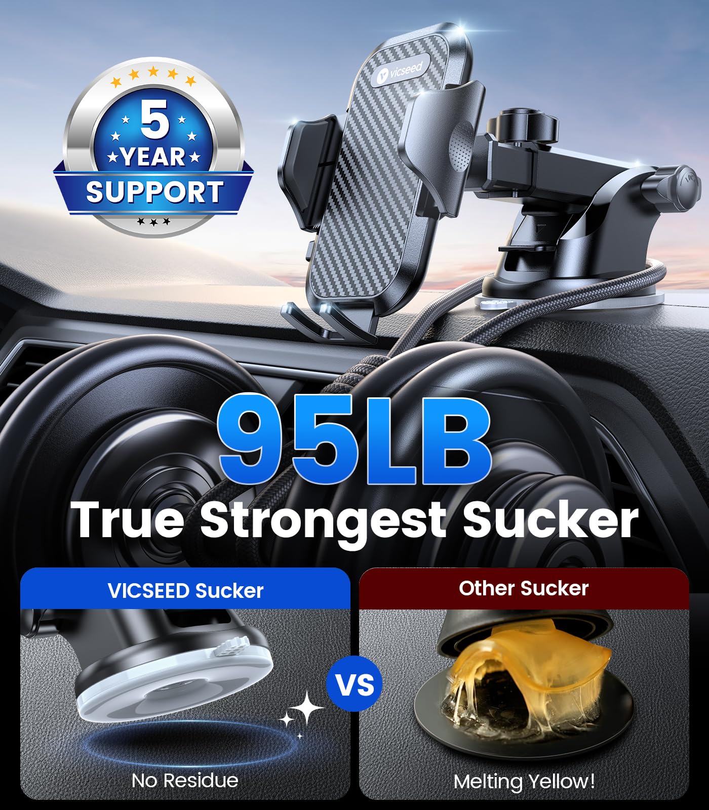 VICSEED True Military-Grade Phone Holders for Your Car [Upgraded 95+LBS Strongest Suction] Cell Phone Mount for Car Dashboard Windshield Vent Truck Boat Stand Adjustable for iPhone 17 ProMax Android - Medaid International