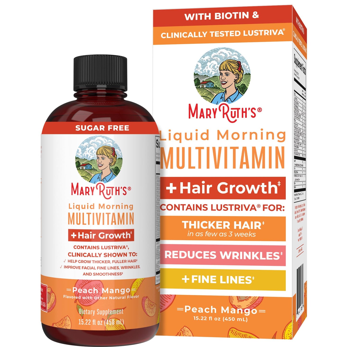 MaryRuth's Liquid Multivitamin + Hair Growth | Biotin 10000mcg | Lustriva Hair Growth Supplement | Clinically Tested in Women for Thicker Hair & Facial Wrinkles | Skin Care | Ages 18+ | 15.22 Fl Oz - Medaid International
