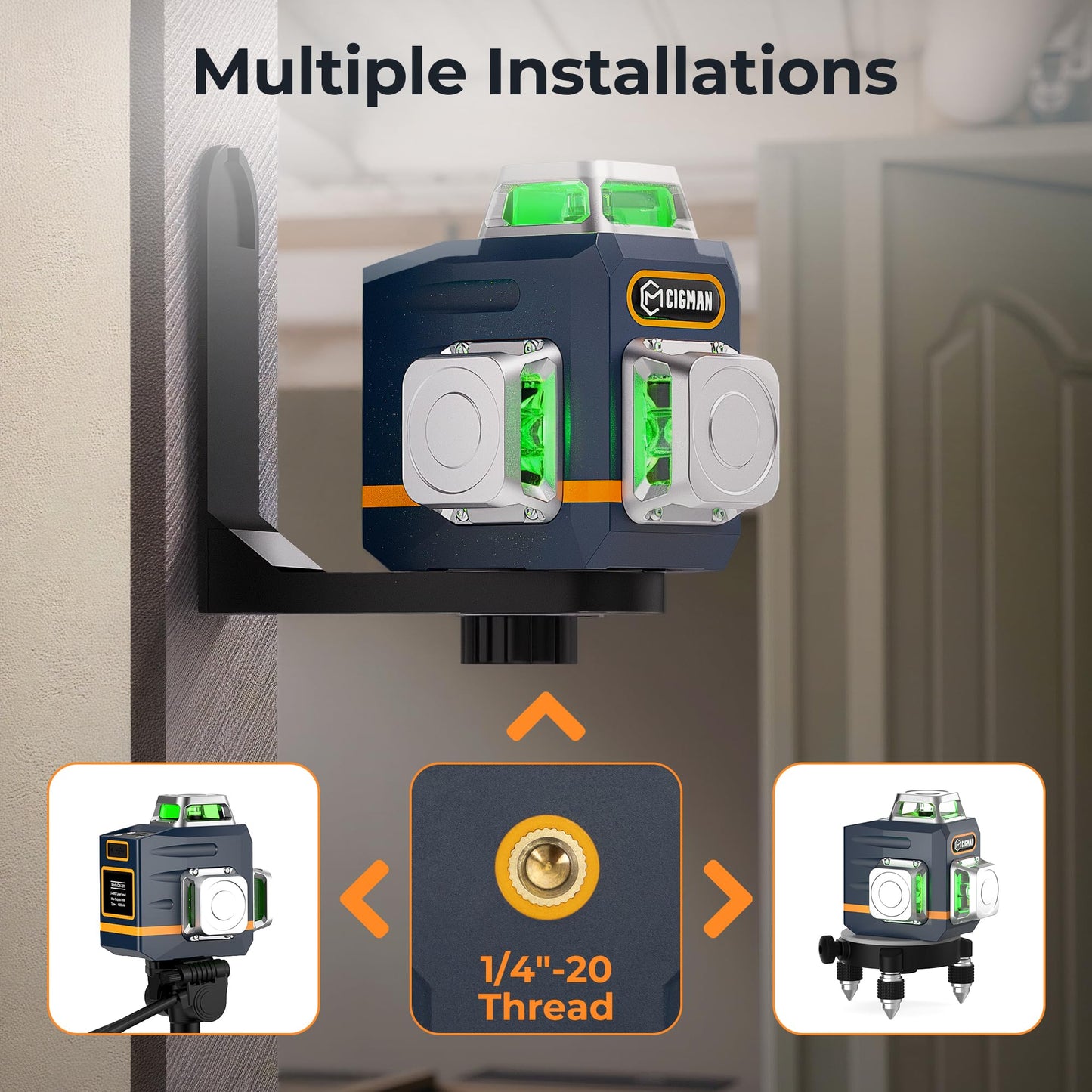 CIGMAN Laser Level Self Leveling 3x360° 3D Green Cross Line for Construction and Picture Hanging, Rechargeable battery, Remote Controller, Magnetic Rotating Stand Included - Medaid International