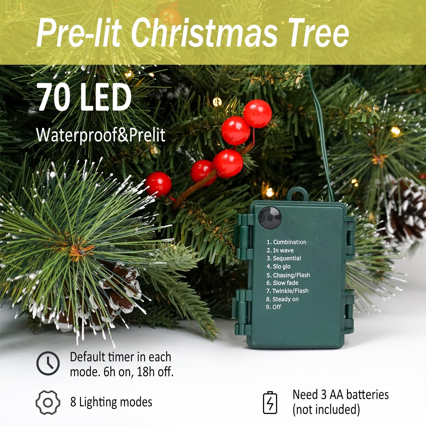 3Ft Pre-Lit Artificial Christmas Tree Tabletop with Battery Operated 70 Warm LED Red Berries Pine Cone Pine Needle, Greenery Potted Christmas Tree for Indoor, Porch, Outdoor - Medaid International