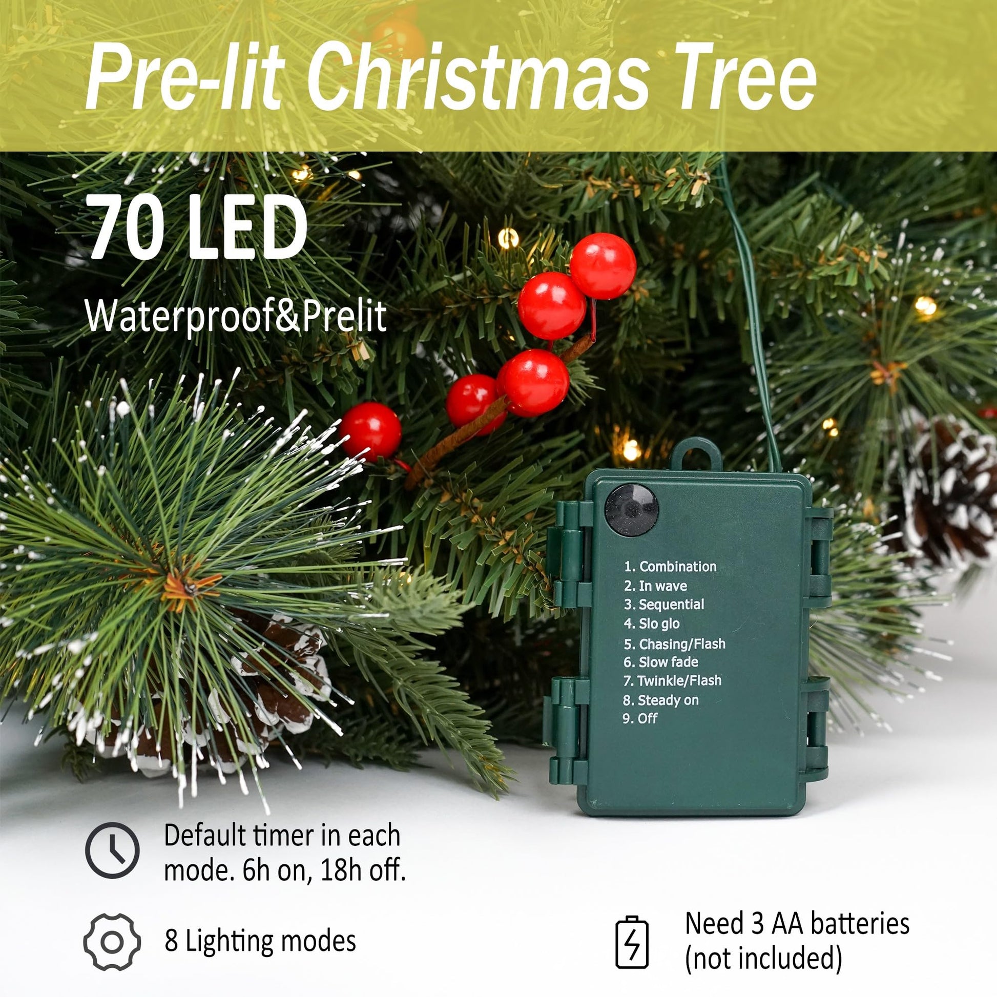 3Ft Pre-Lit Artificial Christmas Tree Tabletop with Battery Operated 70 Warm LED Red Berries Pine Cone Pine Needle, Greenery Potted Christmas Tree for Indoor, Porch, Outdoor - Medaid International