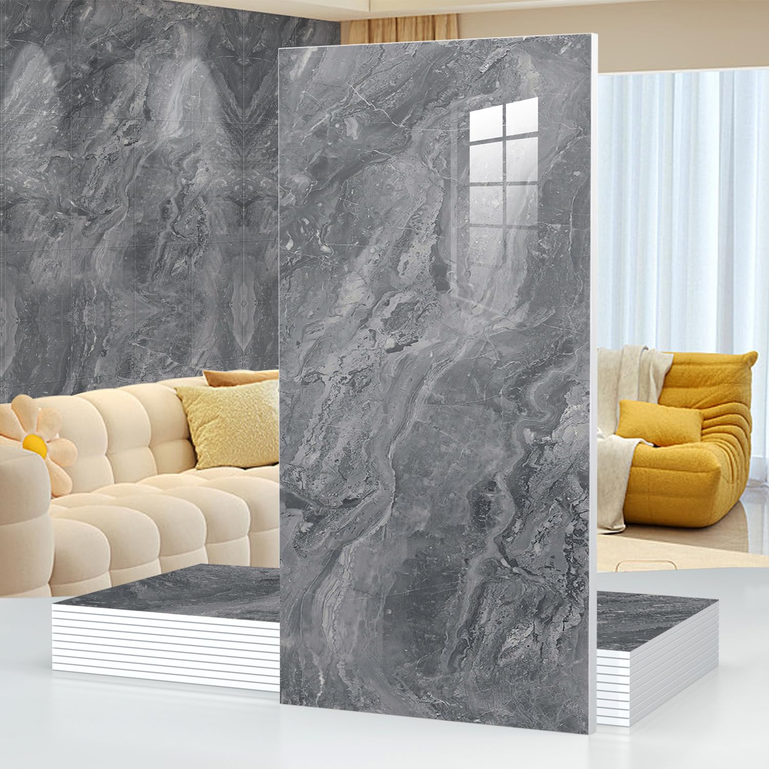 10pcs Marble Peel and Stick Waterproof Wall Panels,Heat-Resistant Backsplash Tile, 23.6"x11.8" PVC Foam Wall Sticker for Kitchen,Living Rooms, Bedrooms TV Walls,Grey (Not Real Tile 19.4Sq. Ft.) - Medaid International