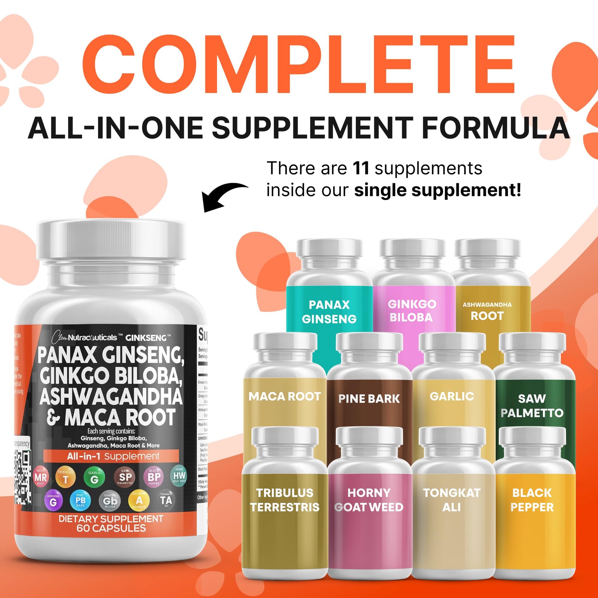 Clean Nutraceuticals Panax Ginseng Ginkgo Biloba Ashwagandha Maca Root - Focus Supplement Pills for Women and Men with Pine Bark Extract, Garlic, and Saw Palmetto - 60 Caps - Medaid International