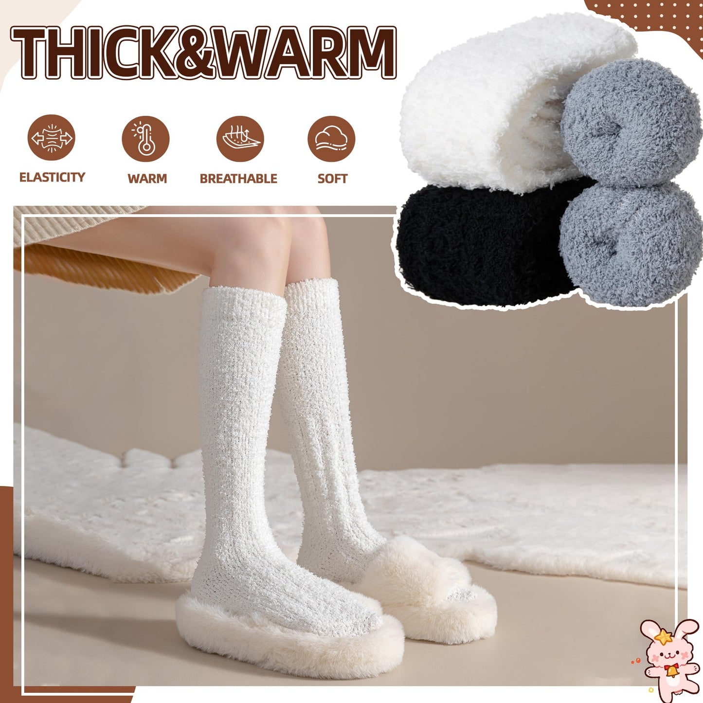 Velice Fuzzy Socks for Women 3 Pairs Knee High Fluffy Soft Warm Stocking Cozy Slipper Plush Winter Long Christmas Socks(Black/White/Grey) - Medaid International