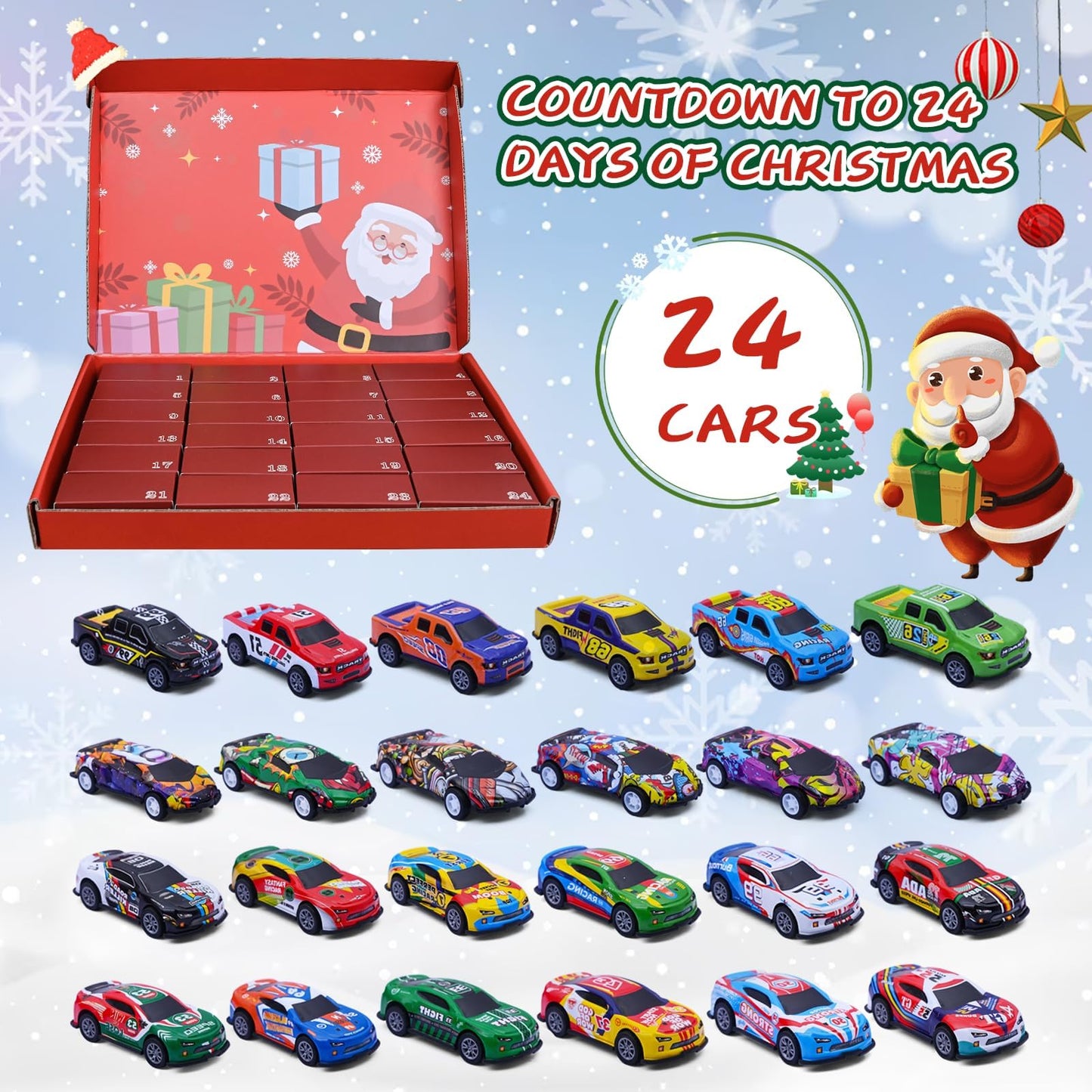 Bupelo Christmas Advent Calendar 2025, Christmas Advent Calendar with Pull-Back Racing Car Toys, 24 Days Christmas Countdown Calendar Gifts for Kids, Christmas Party Favor, Classroom Prizes Xmas Gift - Medaid International
