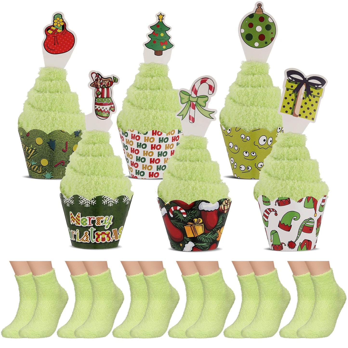 Suhine 12 Pairs Christmas Fuzzy Socks for Women, Elf Cupcake Gift Socks Xmas Green Stockings Bulk Christmas Basket Stuffers - Medaid International