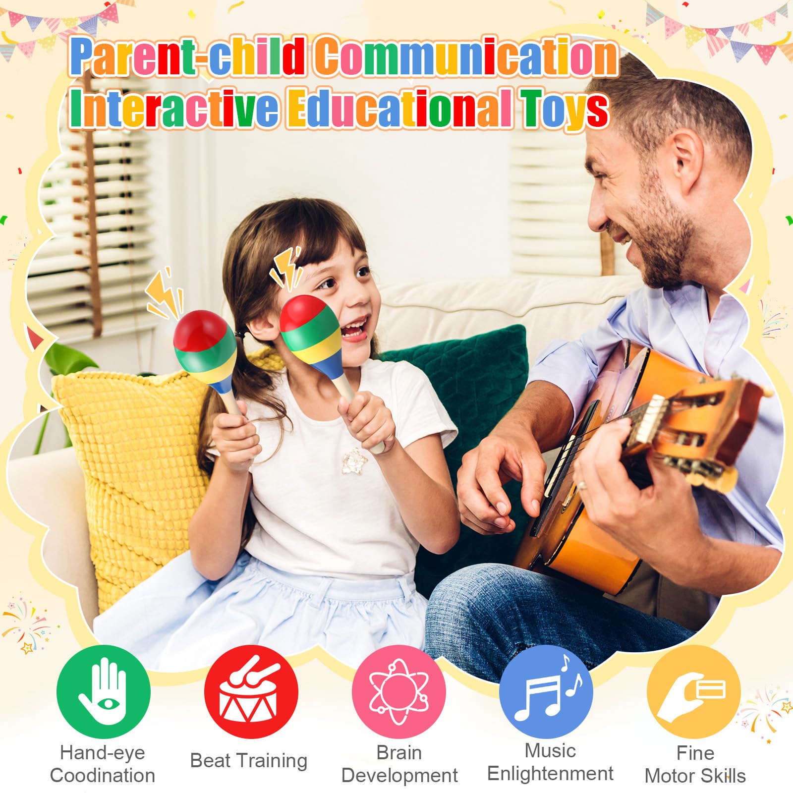 Boao 2 Pcs Wooden Maracas Wooden Hand Percussion Rattles Colorful Shaker Musical Instruments Noisemaker Musical Party Favor For Birthday Party Classroom(Classic Color) - Medaid International