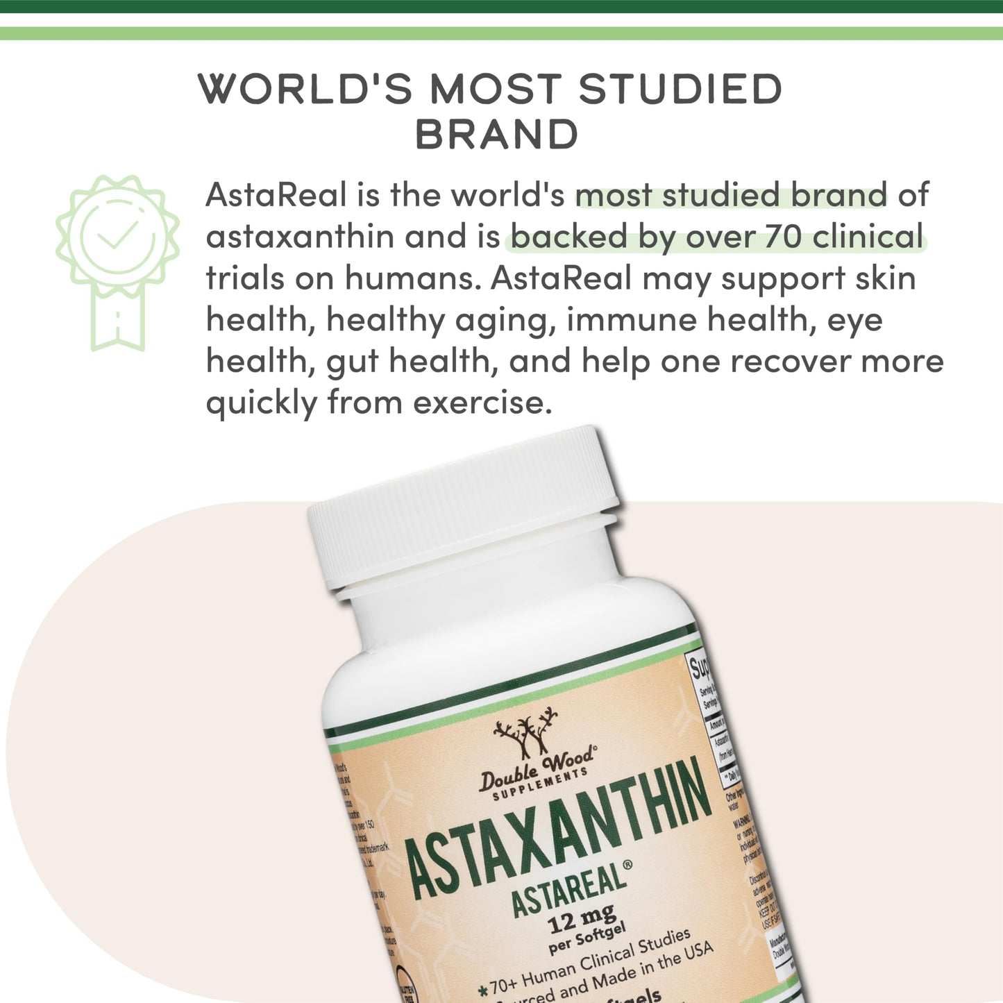 Astaxanthin 12mg Max Strength (Only Patented Astaxanthin (Astrareal) with 70+ Human Clinical Trials - World's Most Studied Brand) Grown, Harvested, and Made in The USA (Astaxantina) by Double Wood - Medaid International