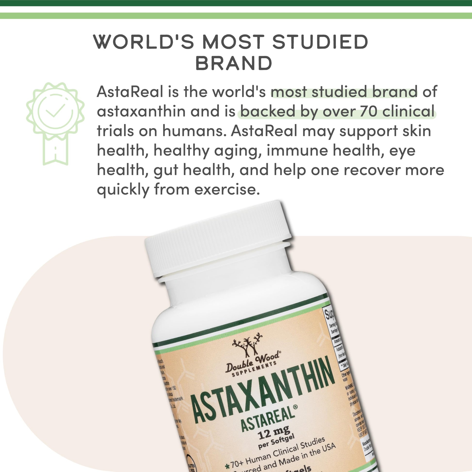 Astaxanthin 12mg Max Strength (Only Patented Astaxanthin (Astrareal) with 70+ Human Clinical Trials - World's Most Studied Brand) Grown, Harvested, and Made in The USA (Astaxantina) by Double Wood - Medaid International