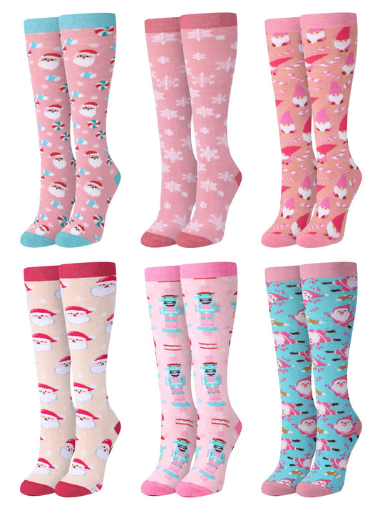 Croloose 6 Pairs Pink Christmas Socks for Women Girls Fun Santa Gnome Nutcracker Snowflake Cotton Xmas Stocking Socks(Knee High Style) - Medaid International