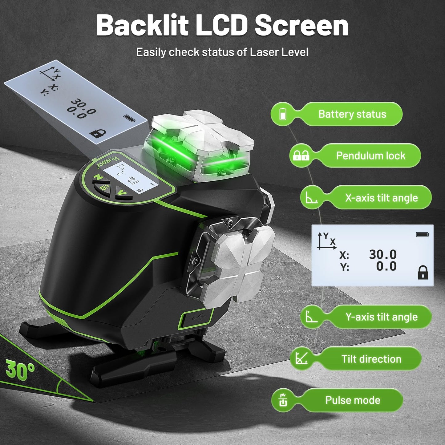 Huepar 16 Lines Self Leveling Laser Level 4x360° Cross Line Laser with Receiver -LCD Screen, 4D Bluetooth Green Beam Tiling Floor Laser Tool, 360° Horizontal/Vertical Laser Kit -Remote Control S04-5RG - Medaid International