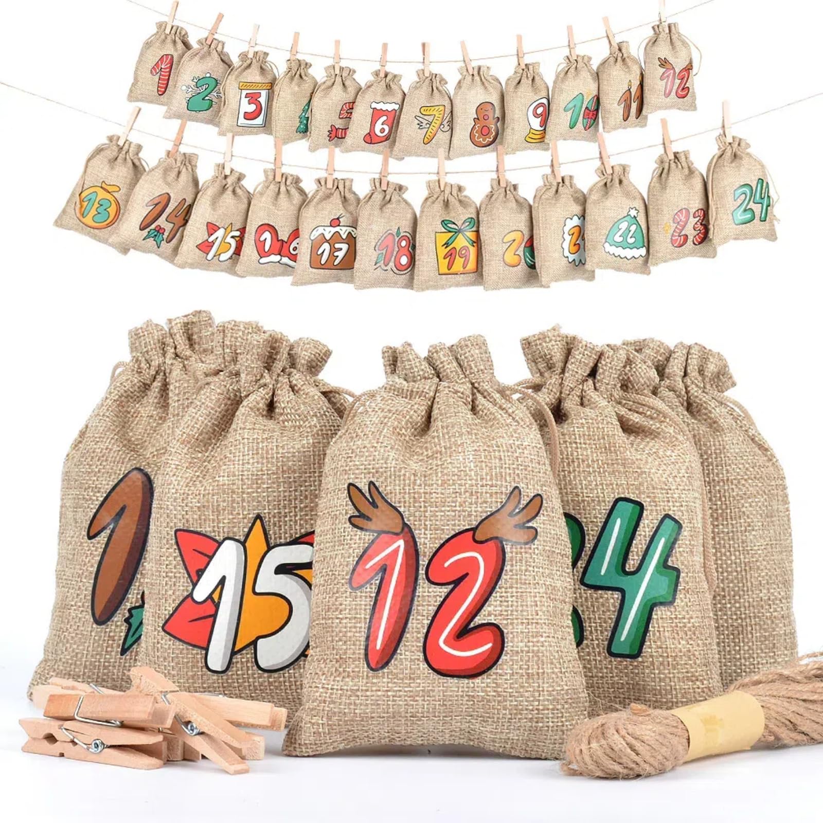 Christmas Advent Calendar Bags, 24 Days Countdown Calendar Burlap bags Hanging Advent Calendar Gift Favors for Xmas Decorations, Cute for kids, Reusable Fabric Bags With Drawstring Closure - Medaid International