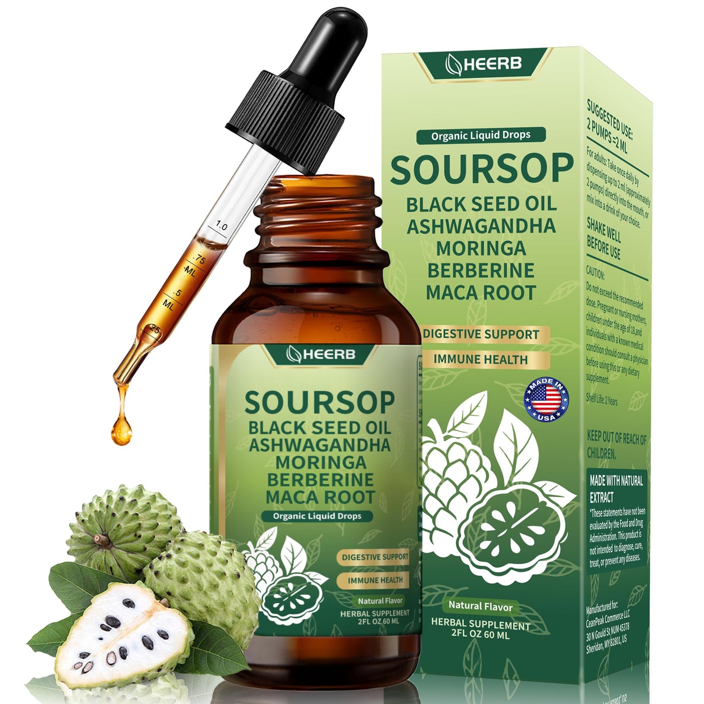 HEERB Organic Soursop Bitters Liquid – 4 Steps Detox Blend with Black Seed Oil, Ashwagandha, Moringa, Berberine, Maca Root | Pure Soursop Drops Supports Digestion, Energy & Overall Wellness (2 Fl Oz) - Medaid International