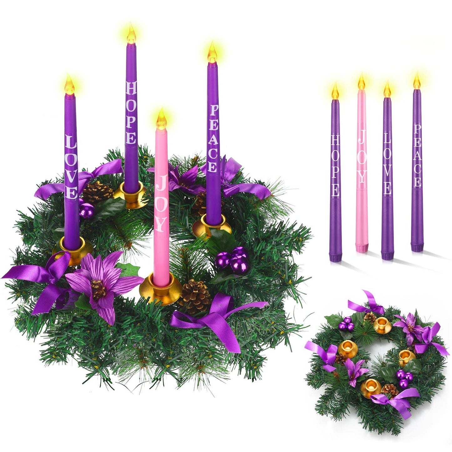 Kathfly 5 Pcs Christmas Advent Wreath with 4 Flameless Candles Holder with Hope Peace Love Joy Candle Christmas Centerpiece Decorations Pine Cones Bowknot for Xmas Advent Holiday Party (Purple) - Medaid International