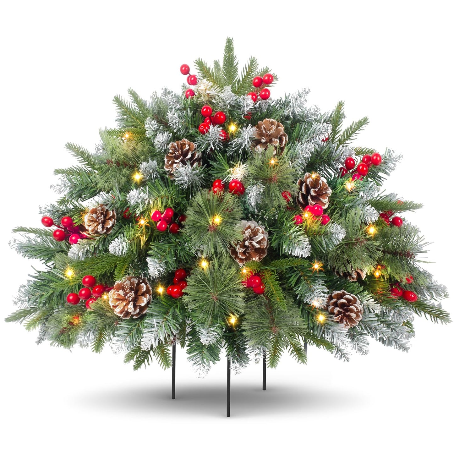 LAVEVE 20" Prelit Small Christmas Tree with Lights, Battery Operated Xmas Tree with Pine Cones & Red Berries, Frosted Urn Filler, 50 LED Warm Lights with Timer, Outdoor for Porch and Pathway, 1 Pack - Medaid International