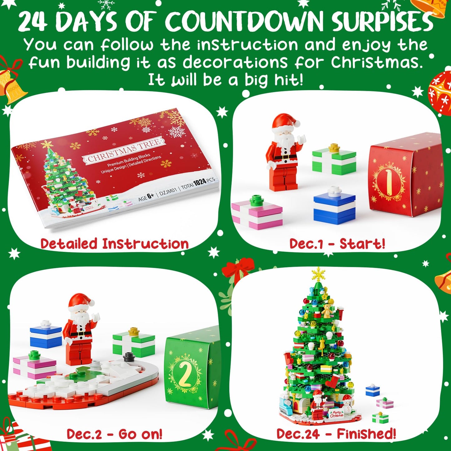 Advent Calendar 2025 for Kids Boys Girls, 24 Days Surprise Christmas Tree Building Blocks Christmas Countdown Calendar Gift Box with 1024 PCS Xmas Building Bricks Toy Decor for Teens Adults Women Men - Medaid International
