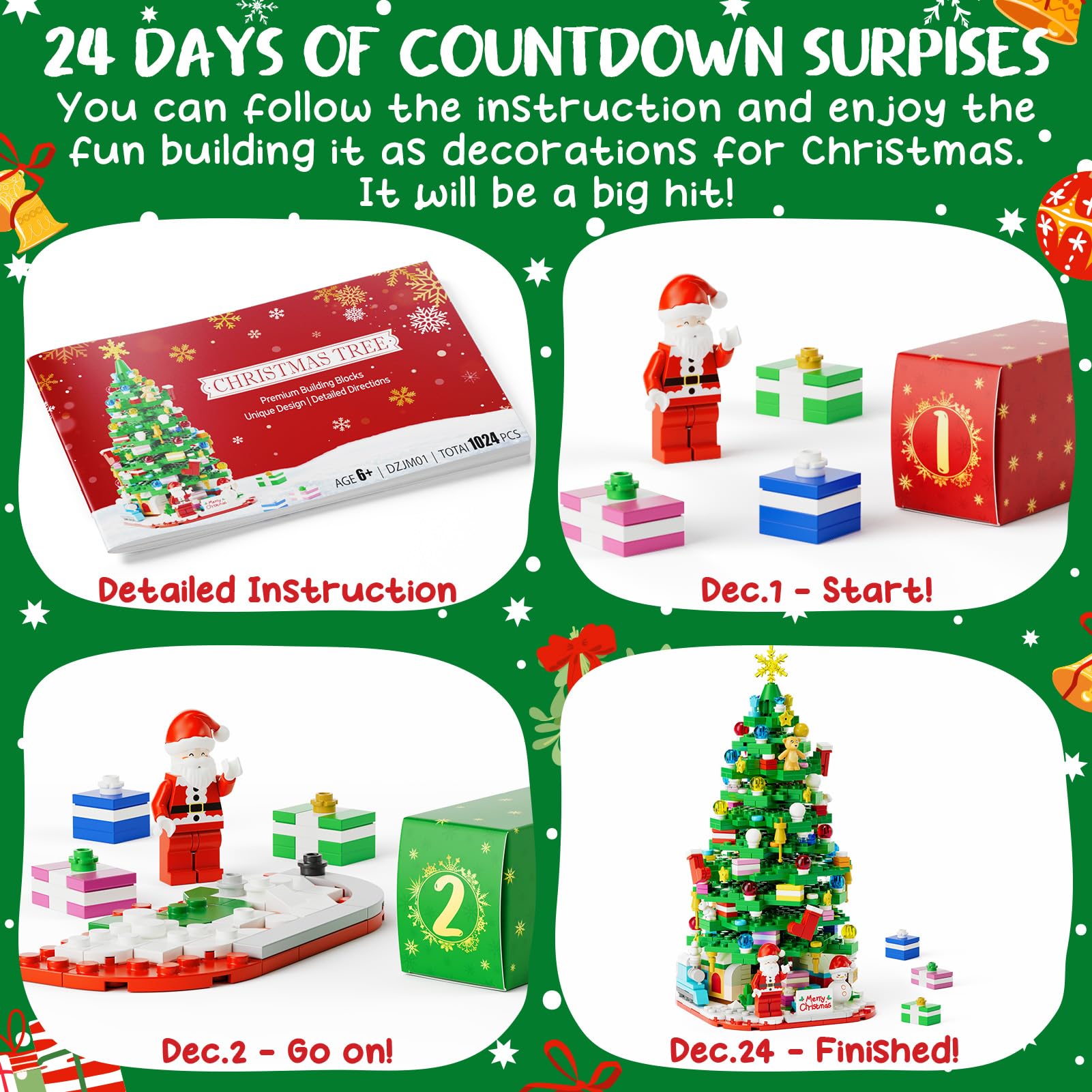 Advent Calendar 2025 for Kids Boys Girls, 24 Days Surprise Christmas Tree Building Blocks Christmas Countdown Calendar Gift Box with 1024 PCS Xmas Building Bricks Toy Decor for Teens Adults Women Men - Medaid International