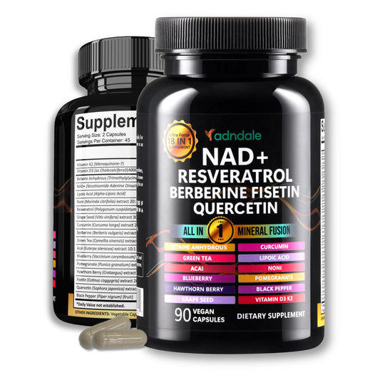Adndale NAD Supplement. NMN Alternative Liposomal NAD+, Trans Resveratrol, Quercetin, Berberine, Betaine Anhydrous, Grape Seed, Fisetin. 90 Capsules - Medaid International