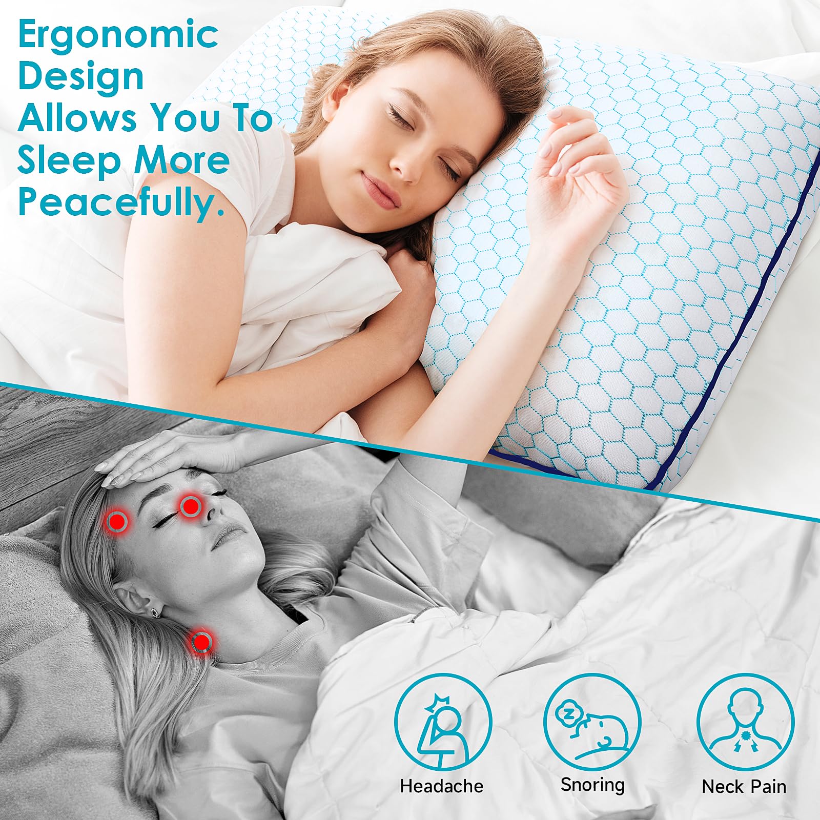 CushyOasis Memory Foam Pillows for Side, Back and Stomach Sleepers, Set of 2, Bed Pillow with Washable Cover and Breathable Mesh, Bed Pillow for Sleeping (Blue，Standard Size) - Medaid International