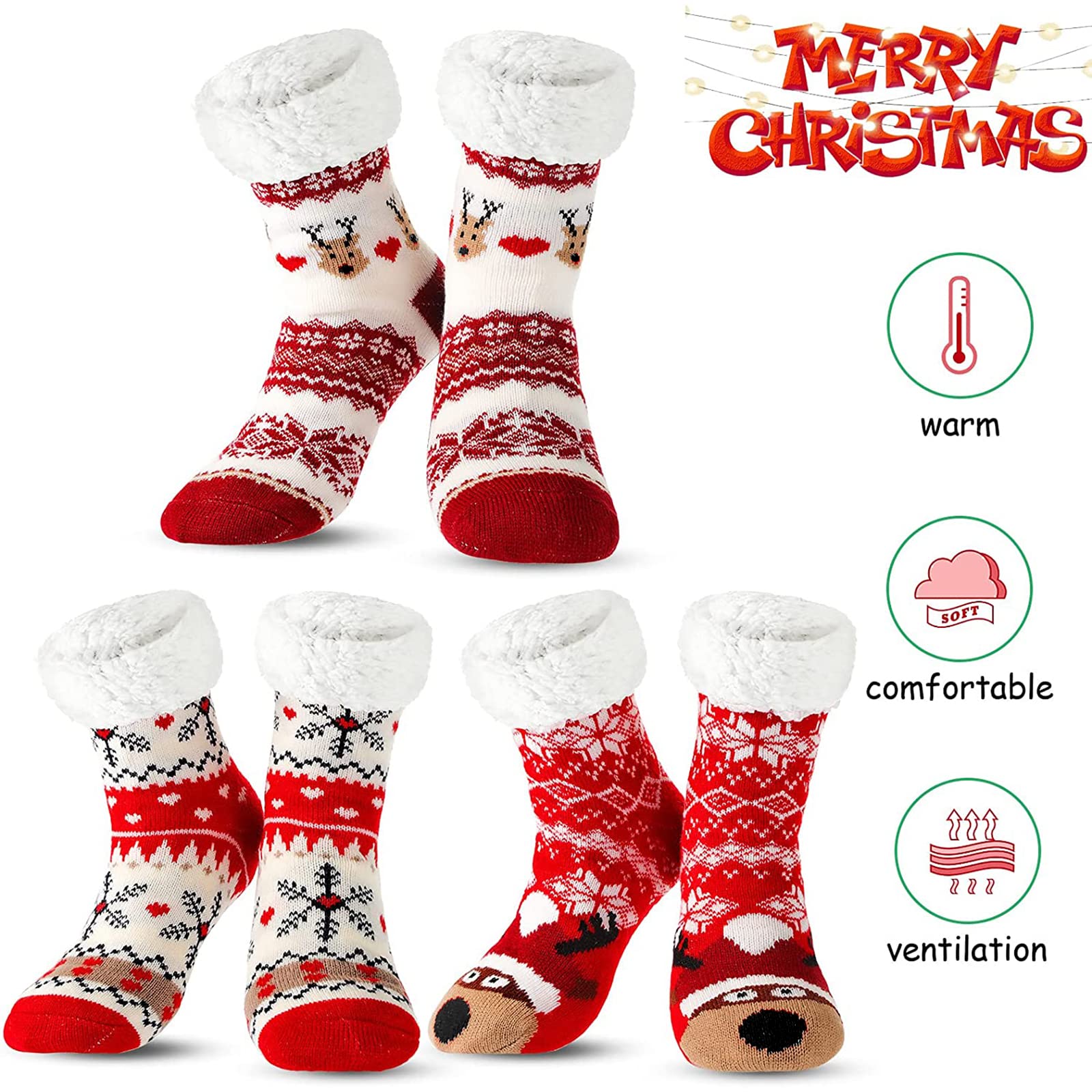 Sintege 3 Pairs Women Christmas Slipper Socks Winter Soft Warm Fuzzy Plush Cozy Fleece Lined Non Slip Christmas Socks Gifts(Cute Style) - Medaid International