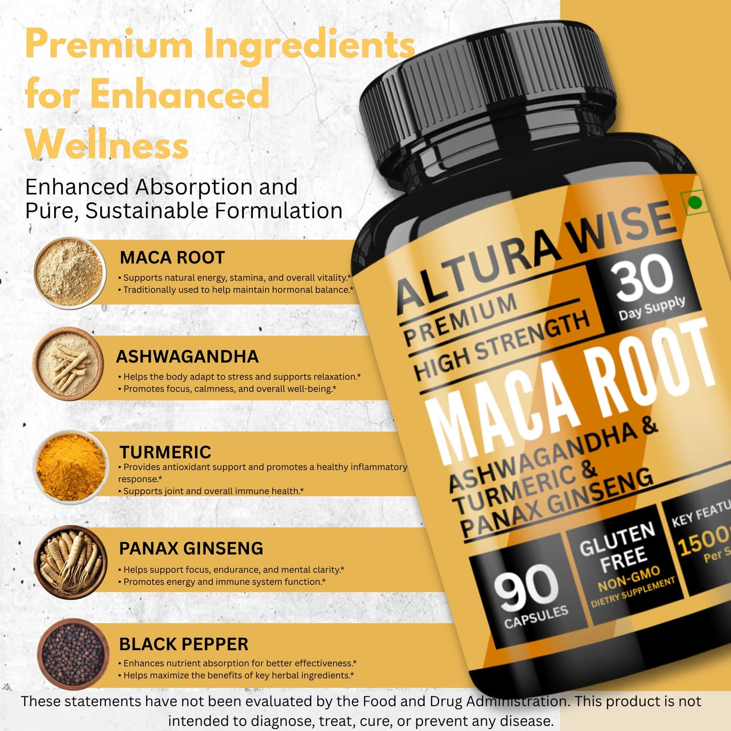 AlturaWise 5 in 1 Pure Maca Root Capsules for Men and Women | Maca Root Powder Capsules with Black + Red + Yellow Maca Root with ashwagandha, panax Ginseng Extract Supplement - 90 Vegan Pills - Medaid International