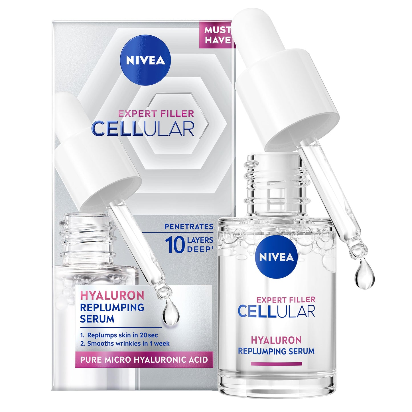 NIVEA Cellular Expert Filler Hyaluron Acid Replumping Serum (15ml), Anti-Ageing For Visibly Smoother, Hydrated, and Supple Skin, Dermatologically Approved Hyaluronic Acid Serum, Mini Size - Medaid International
