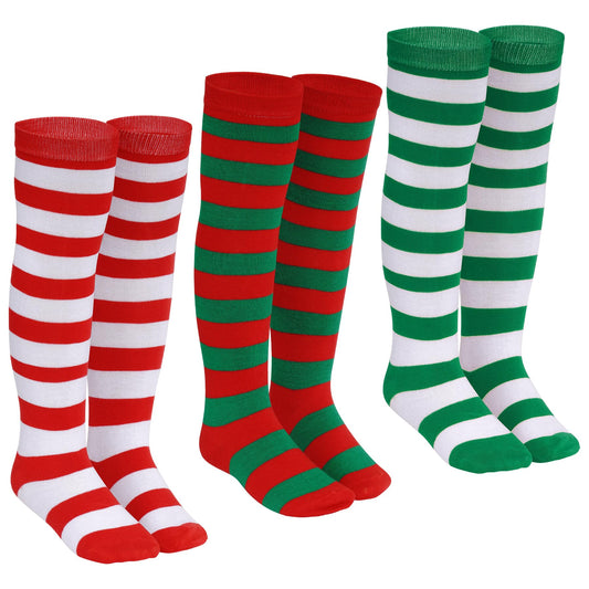 Dxhycc 3 Pairs Christmas Striped Knee High Socks Elf Candy Long Xmas Socks for Girls Boys Halloween Christmas Party - Medaid International