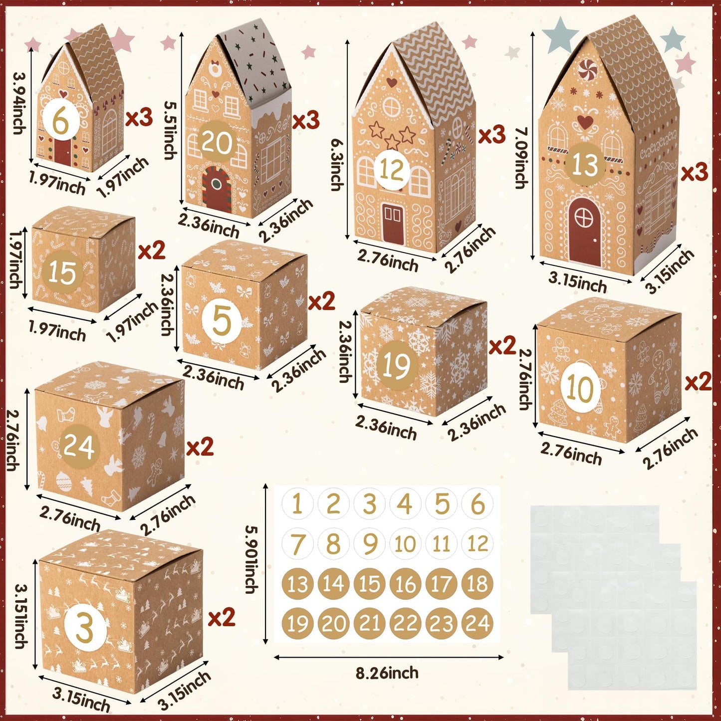 AsodSway Christmas Advent Calendar Boxes - 28P Christmas Candies Treats Boxes Empty Advent Calendar Boxes to Fill 24 Days Xmas Advent Countdown Number Label Stickers Kraft Paper Xmas Gift House Boxes - Medaid International