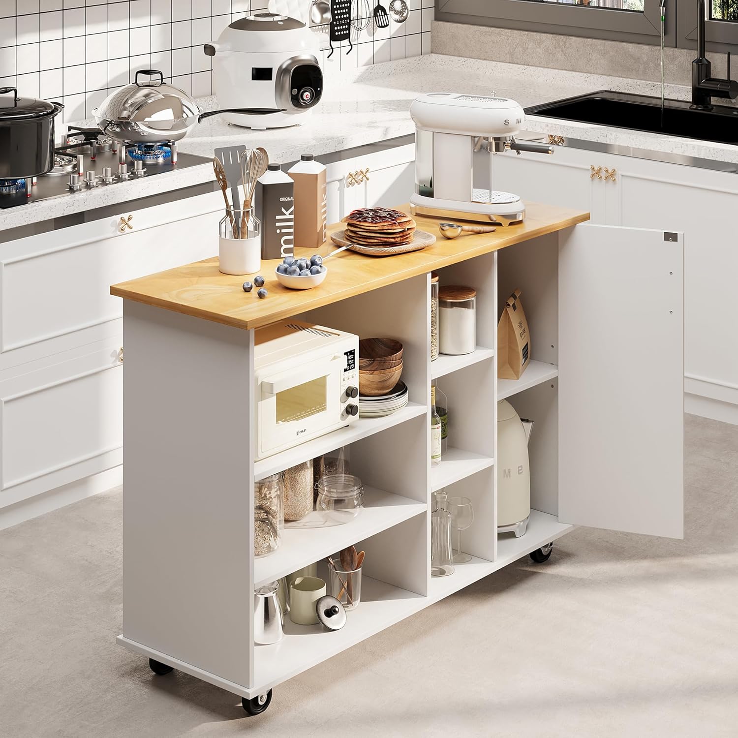 Shintenchi Kitchen Island Cart with Storage,Rolling Kitchen Island Storage Cabinet,Side Table on Wheels with Worktop,3 Open Shelves and 3 Drawers for Kitchen,Dinning Room, White - Medaid International