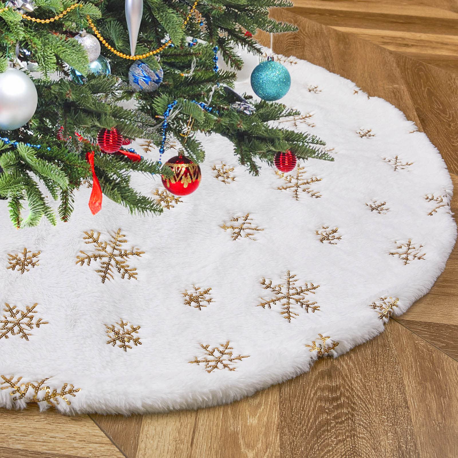 White Christmas Tree Skirt Small 24inch Faux Fur Tree Skirt Sequin Tree Carpet Mini Gold Glitter Tree Skirting Double Layers for Party Xmas Holiday Party Decorations Round Tree Skirt - Medaid International