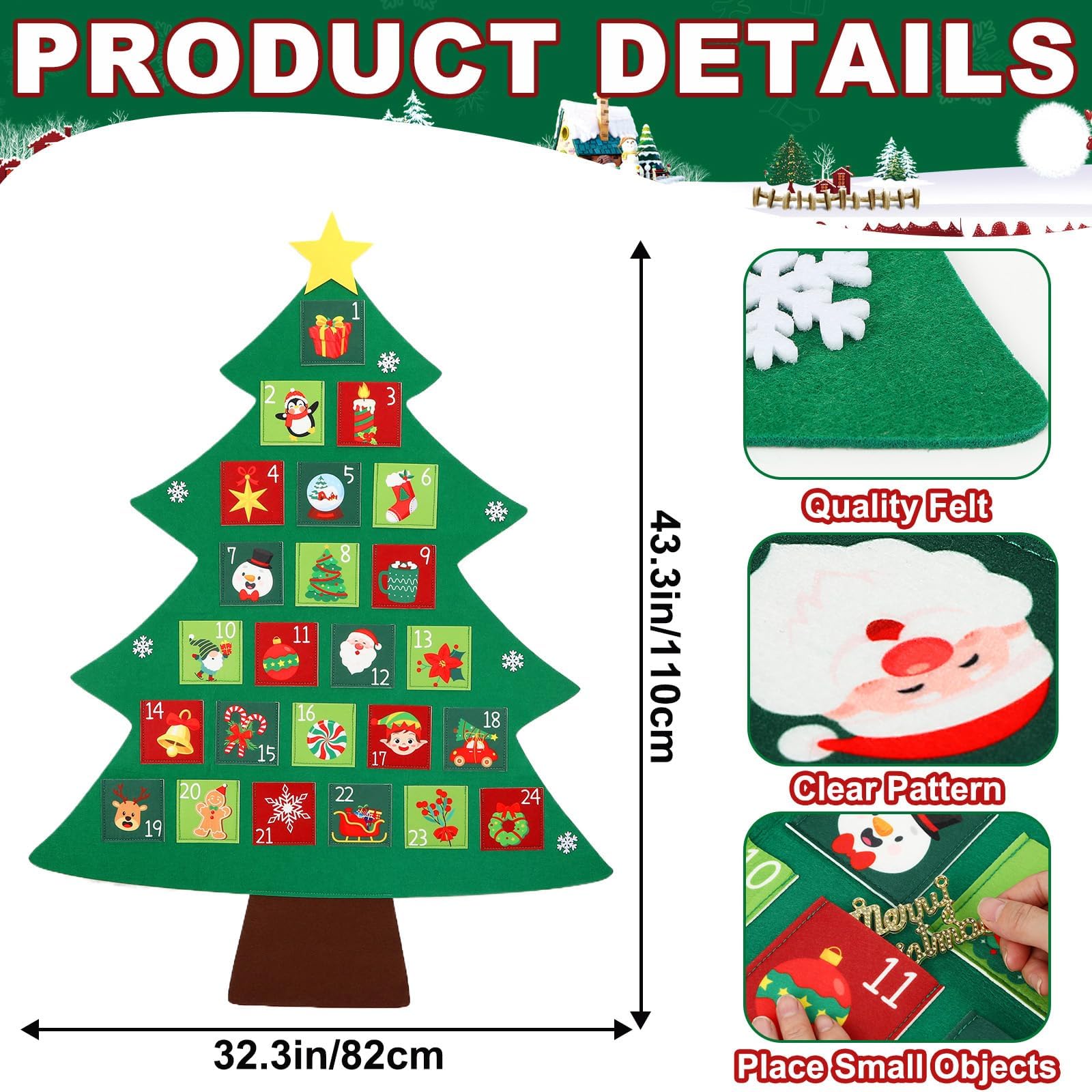 Christmas Tree Advent Calendar 2025, 24 Days Countdown Calendar with 24 Festive Pockets Advent Christmas Countdown Calendar Xmas Hanging Advent Calendar Wall Door Hanging Decor Gift for Kids Adults - Medaid International