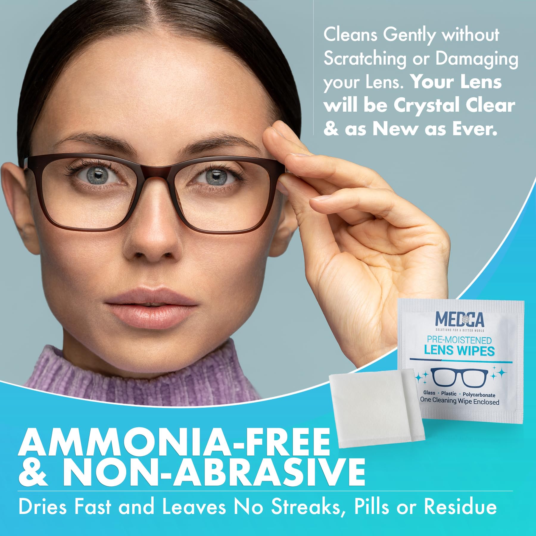 Premoistened Lens and Glass Cleaning Wipes - Portable Travel Cleaner for Glasses, Camera, Cell Phone, Smartphone, and Tablet - Disposable, Quick Drying, Streak Free - Individually Wrapped, Pack of 100 - Medaid International