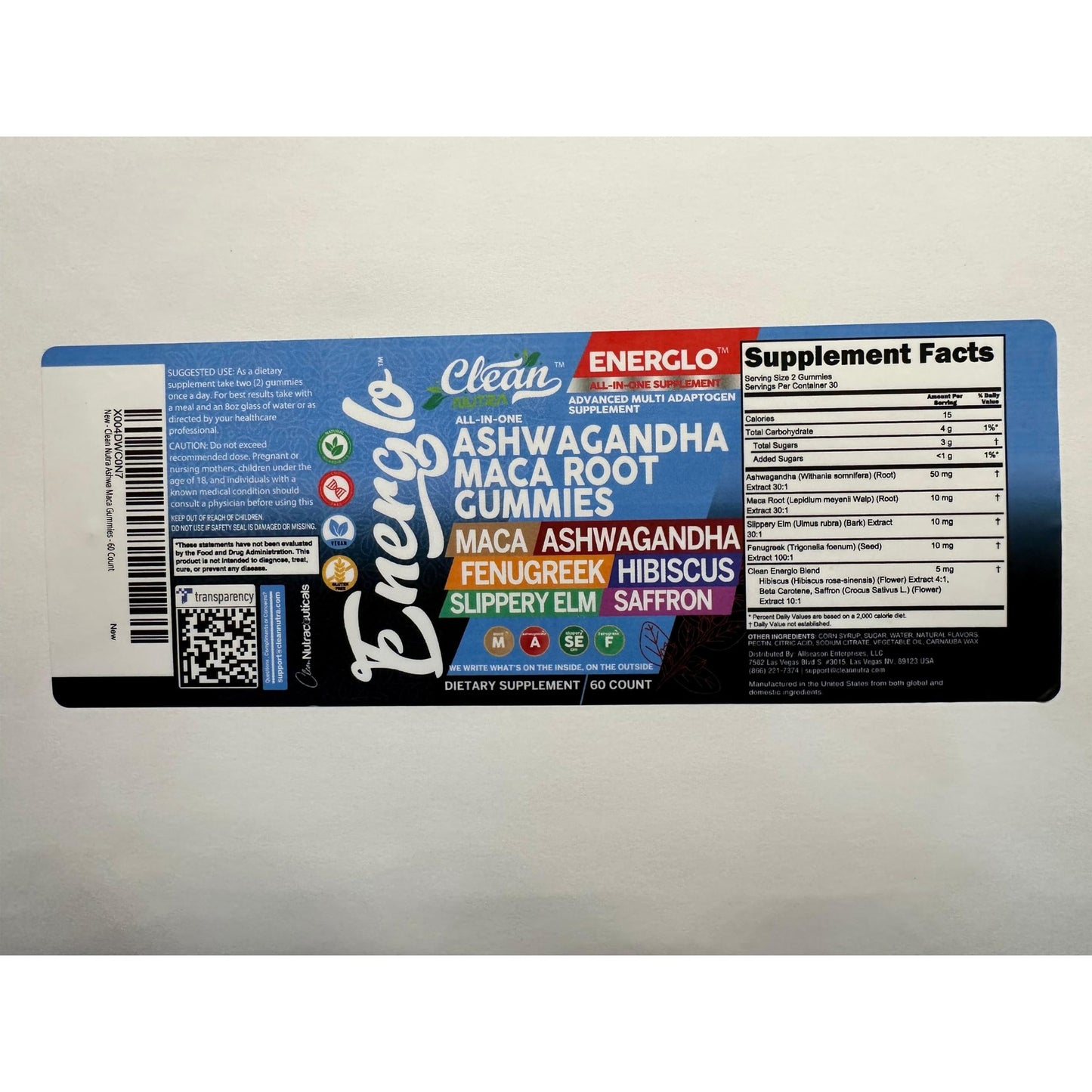 Ashwagandha Maca Root Gummies with Fenugreek Hibiscus Slippery Elm Saffron Extract & Beta Carotene | Peach Flavor Vegan Gummy Vitamins Adaptogen Cortisol Supplement Energlo by Clean Nutra - Medaid International