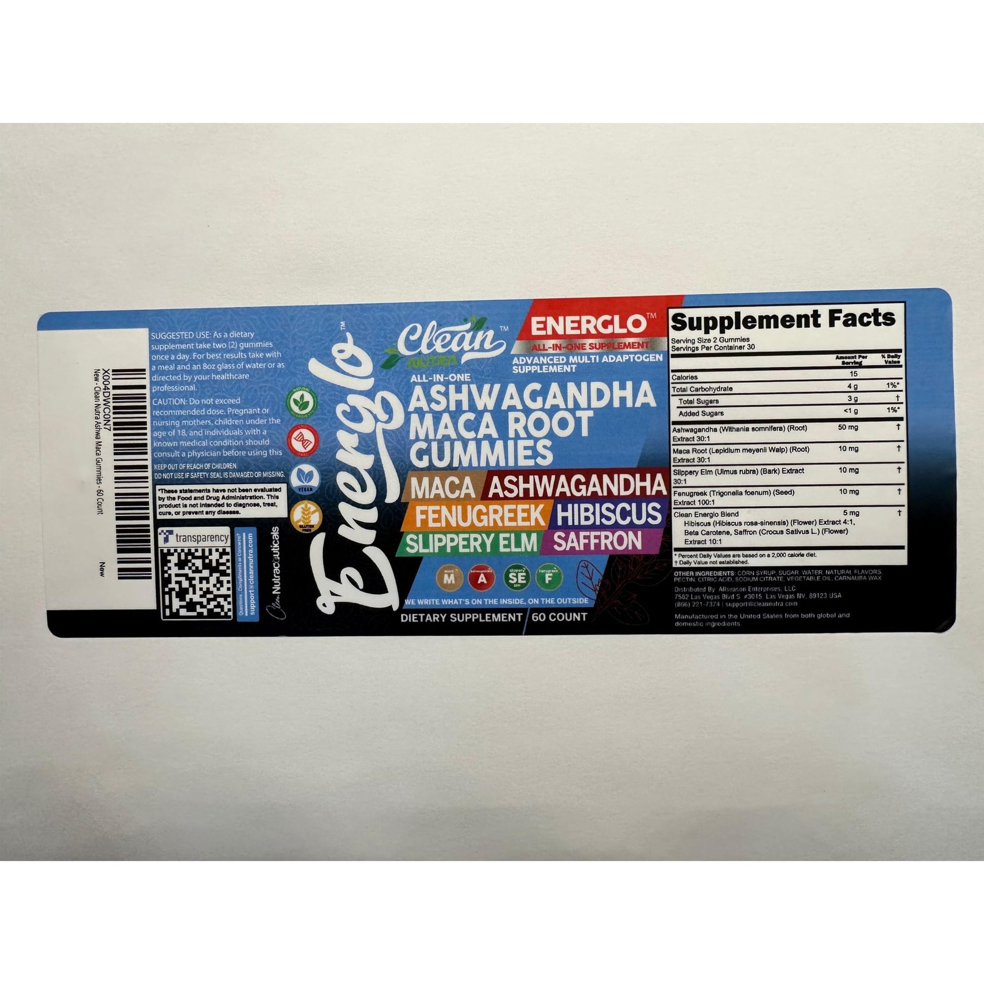 Ashwagandha Maca Root Gummies with Fenugreek Hibiscus Slippery Elm Saffron Extract & Beta Carotene | Peach Flavor Vegan Gummy Vitamins Adaptogen Cortisol Supplement Energlo by Clean Nutra - Medaid International