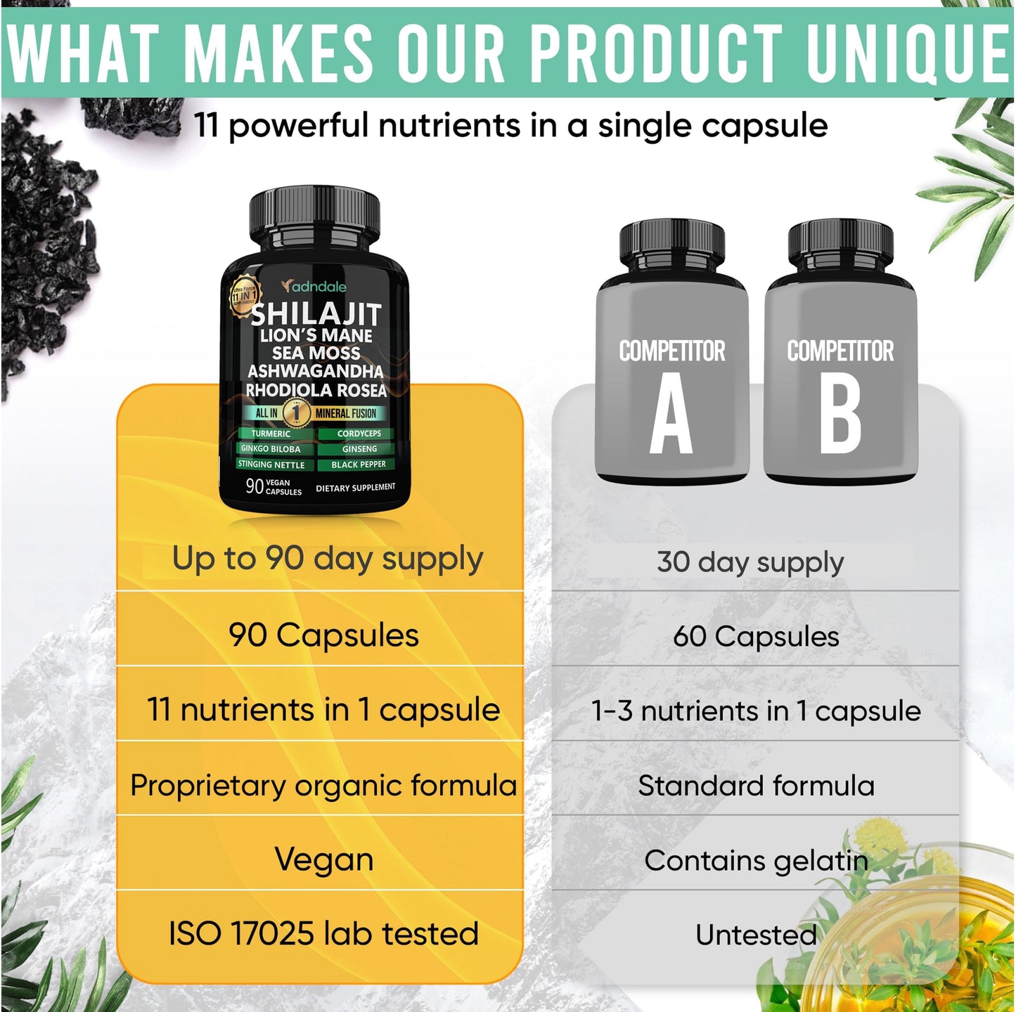 Adndale Shilajit Supplement. Pure Himalayan Organic Shilajit for Men and Women Capsules with Sea Moss Ashwagandha Rhodiola Rosea Lion’s Mane. 90 Count - Medaid International