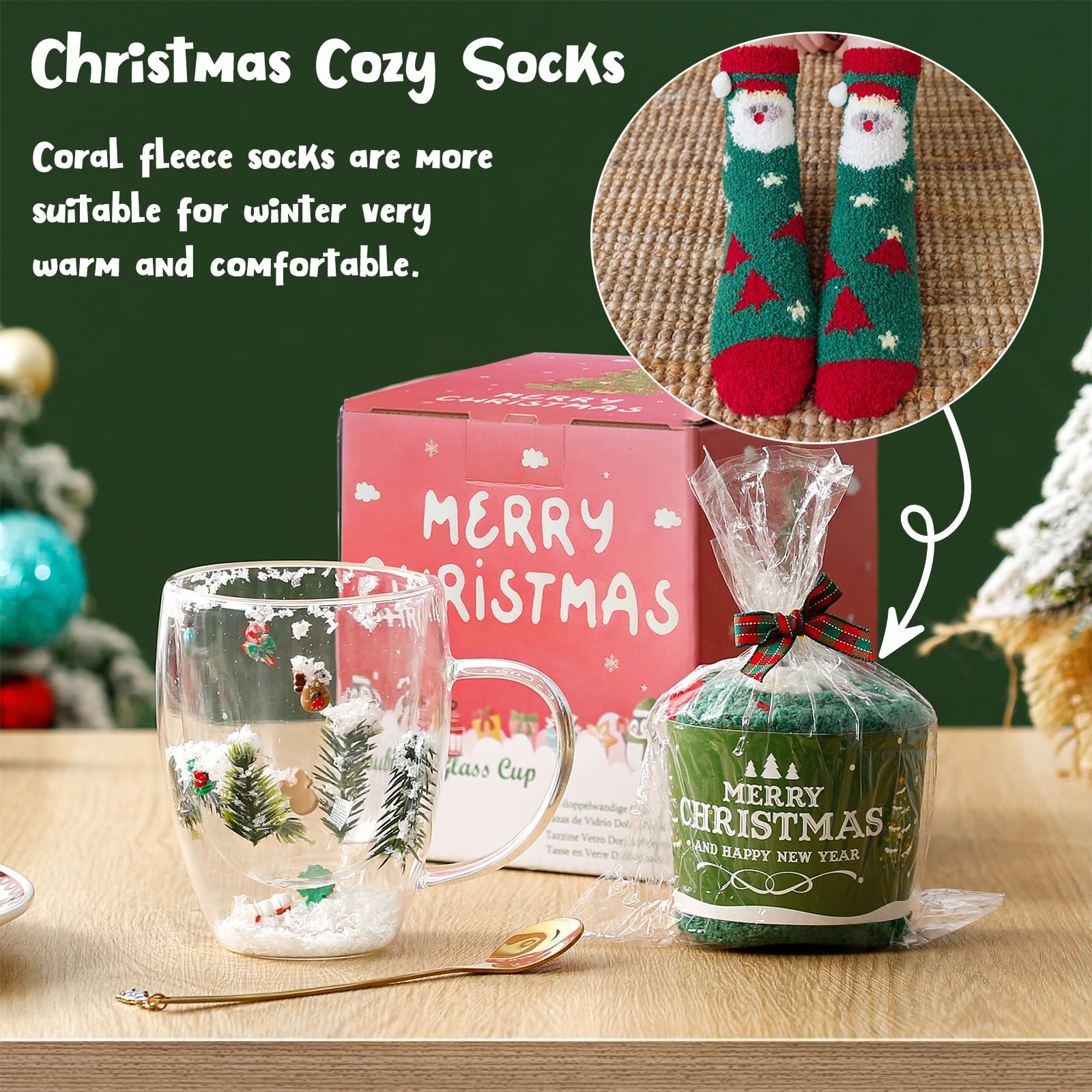 Christmas Gifts For Women Mom Friends Kids Grandma Men Cute Coffee Mugs with Christmas Socks Glass Espresso Tea Cups Kawaii Christmas Stocking Stuffers Decorations Presents Funny White Elephant Gifts - Medaid International