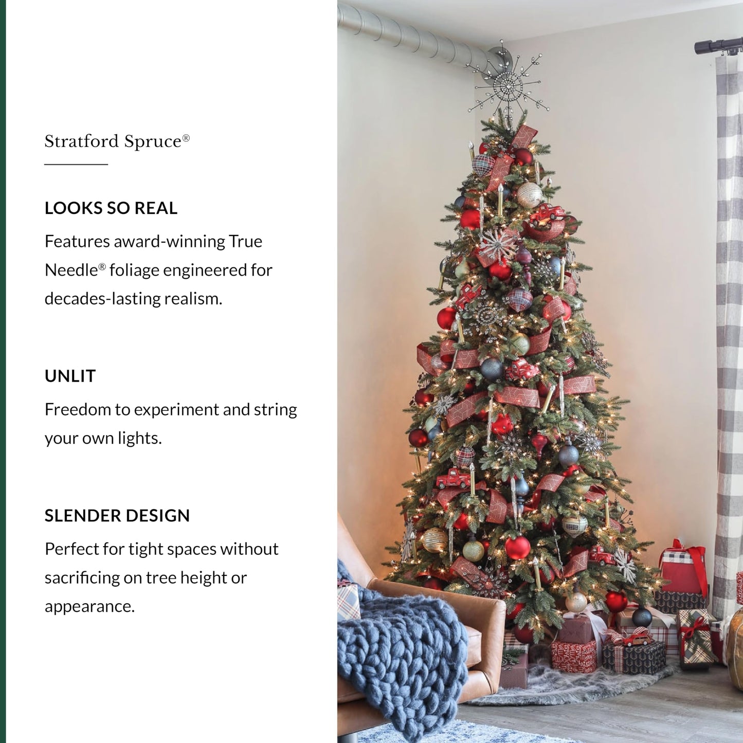 Balsam Hill Stratford Spruce - Slim Artificial Christmas Tree with True Needle Foliage & Premium Stand for Small Spaces, Unlit, 6ft 6in - Medaid International