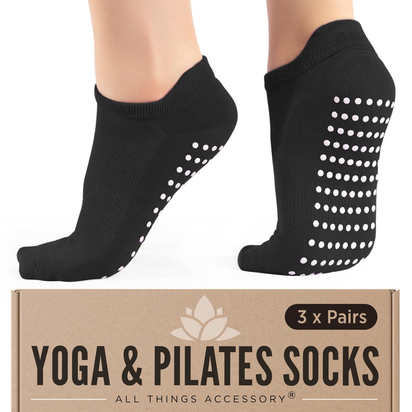 All Things Accessory Pilates Grip Socks for Women, Non-Slip Socks with Grippers for Yoga Barre Hospital, 3 Pairs Size 6-10 (Black) - Medaid International