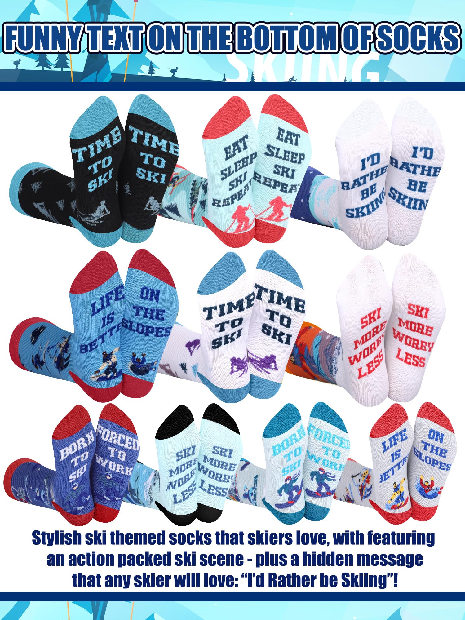 Maiteenly 10 Pairs Funny Ski Themed Crew Socks Novelty Winter Snowboarding Gift Ideas for Ski Lovers Skiers Men Youth Christmas Xmas Holiday, 10 Styles - Medaid International
