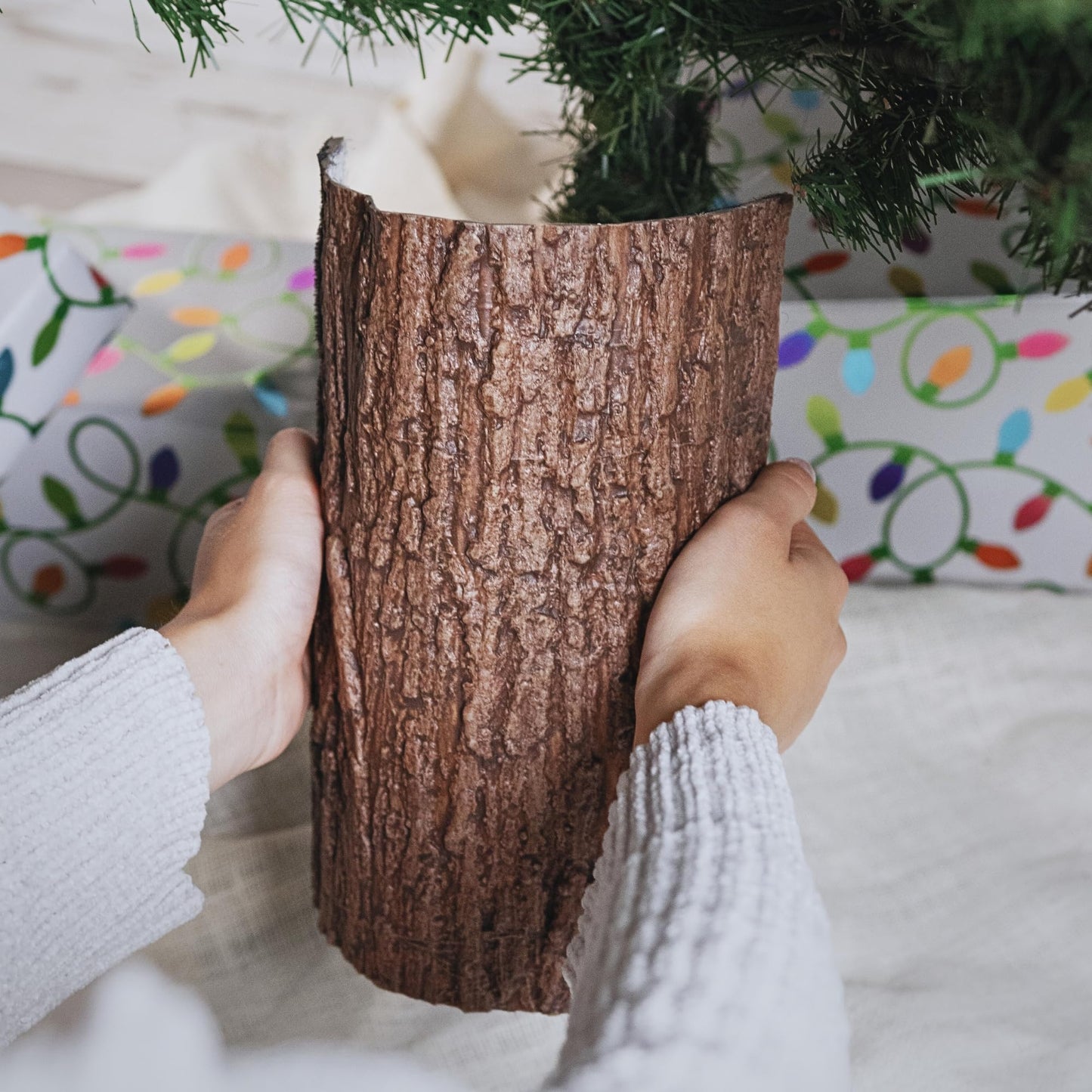 Realistic Faux Brown Bark Xmas Tree Skirt Hides Fake Pole, By Christmas Tree Hugger - Medaid International