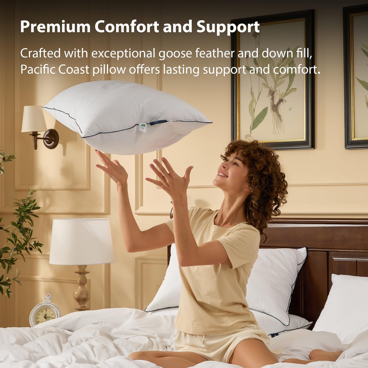 Pacific Coast Bed Pillow, Luxury Hotel Collection Goose Feather and Down Pillow for Sleeping with Classic Diamond Pattern, Medium Supportive, Standard Size 1 Pack - Medaid International