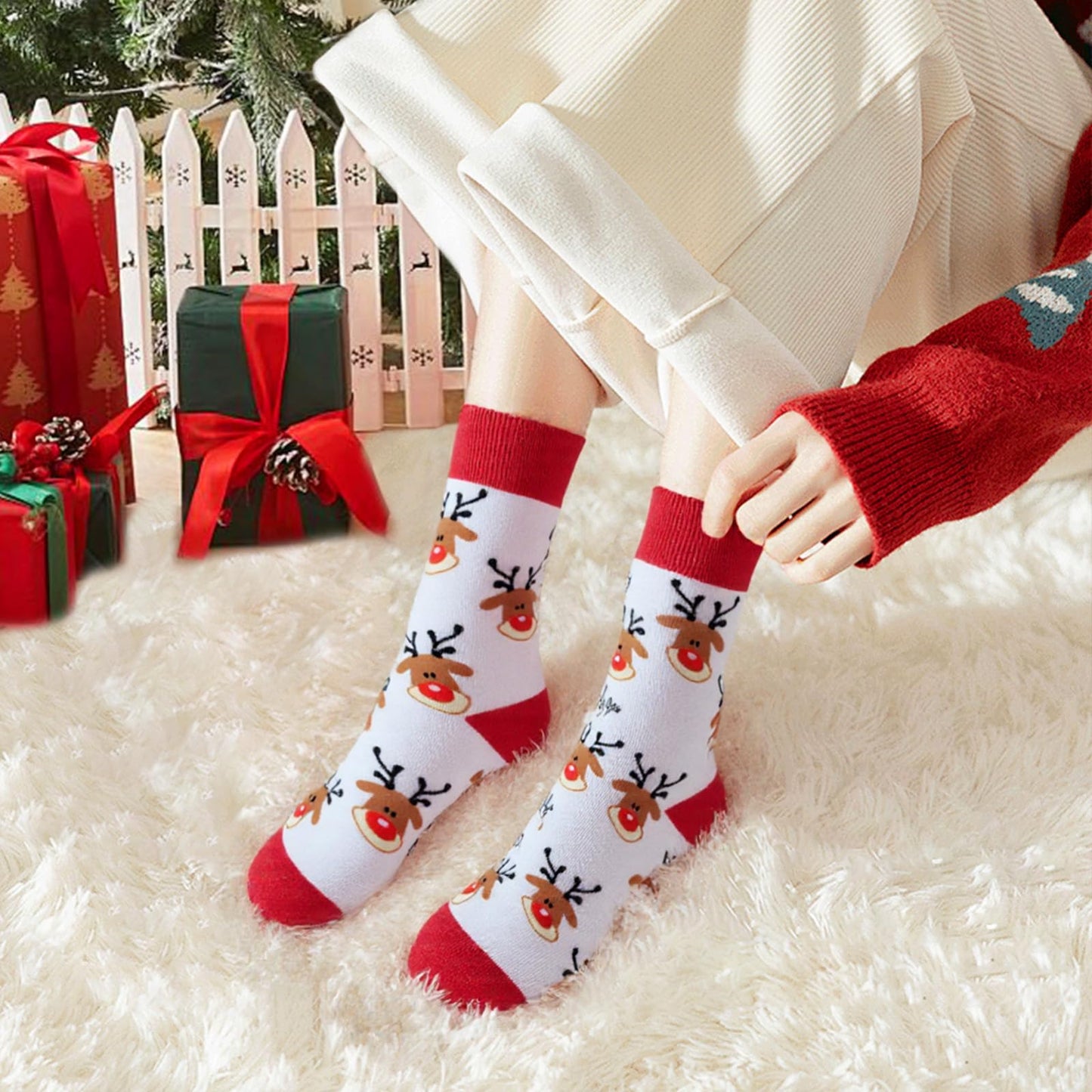 One Pair Christmas Socks Unisex Holiday Knit Style Warm Cozy Sock Accessory Daily Wear Festive Outfits(White Reindeer) - Medaid International