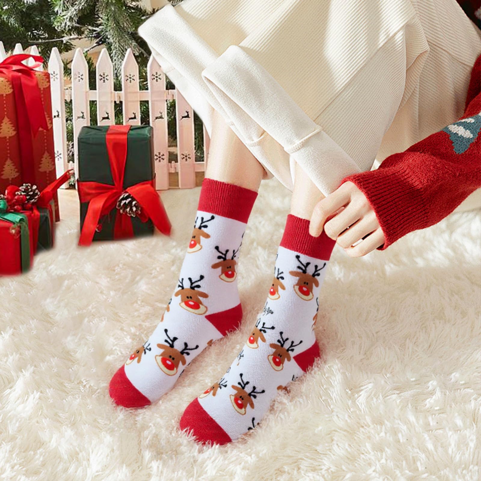 One Pair Christmas Socks Unisex Holiday Knit Style Warm Cozy Sock Accessory Daily Wear Festive Outfits(White Reindeer) - Medaid International