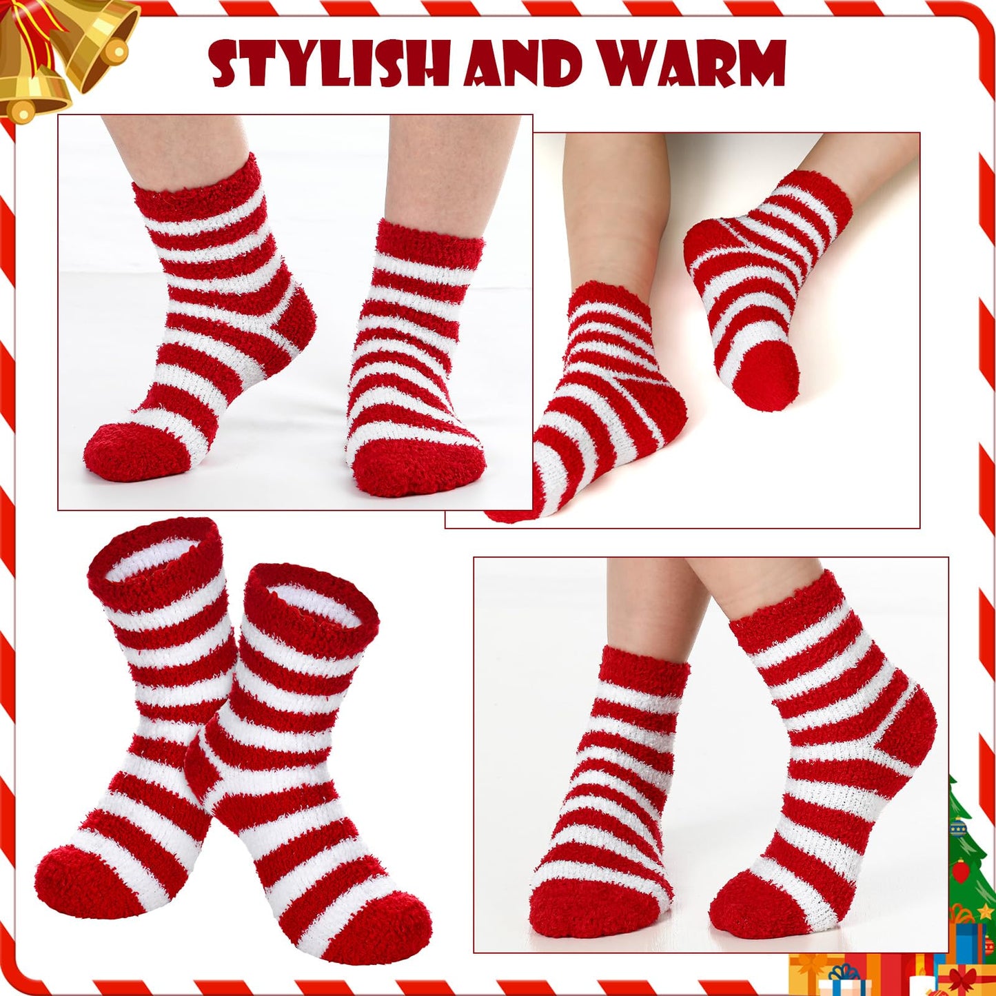Shyyween 8 Pairs Christmas Fuzzy Socks for Women Holiday Stripe Slipper Socks Fluffy Warm Winter Xmas Stocking Stuffer Gifts(Red and White Stripes) - Medaid International