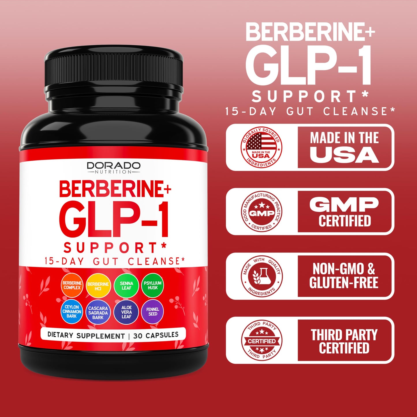 GLP-1 Supplement for Women & Men (30 Count) GLP1 Berberine 15 Day Gut Cleanse Detox & Cleanse Metabolism Support with Ceylon Cinnamon , Senna Leaf & More - Third Party Tested , Vegan Safe - USA Made - Medaid International
