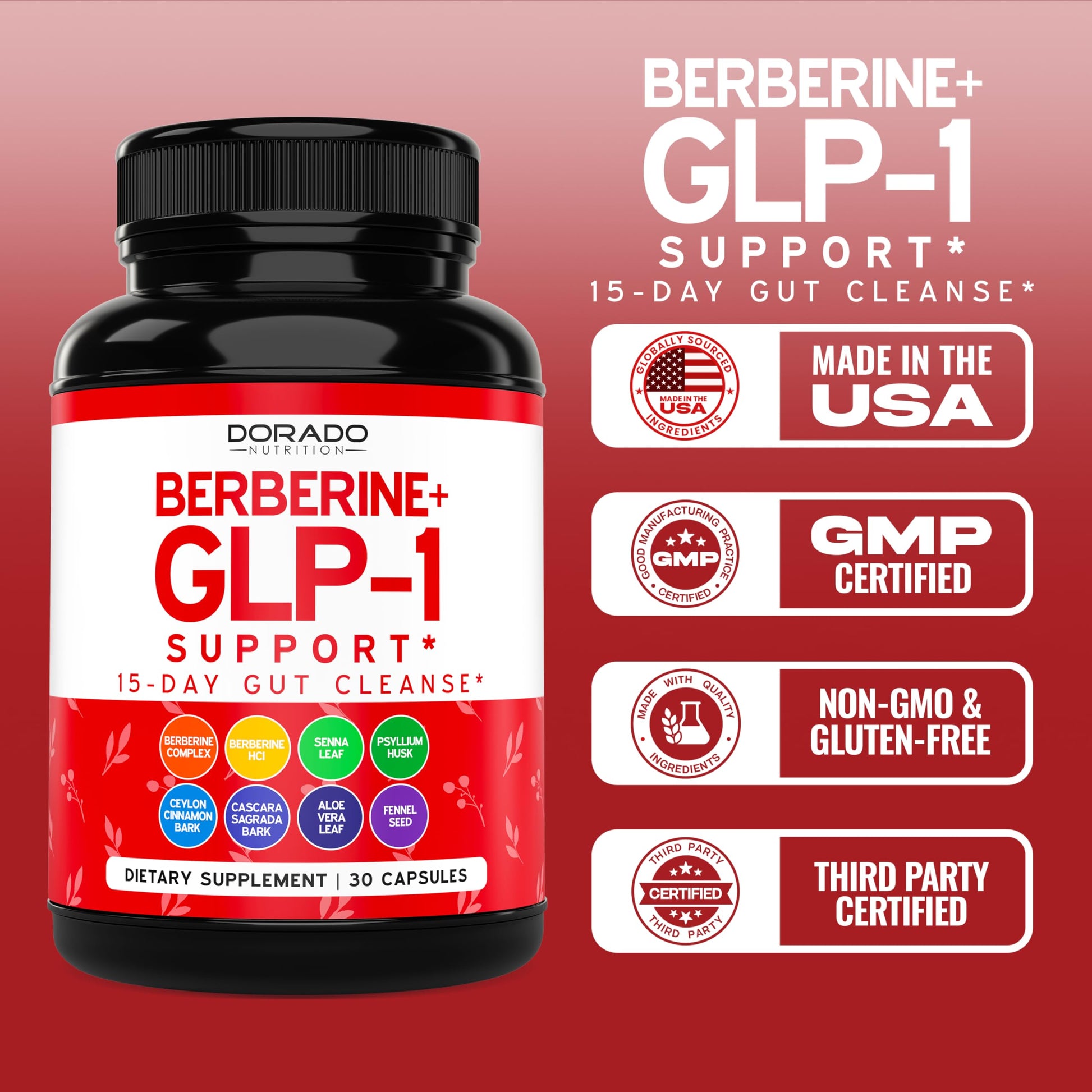 GLP-1 Supplement for Women & Men (30 Count) GLP1 Berberine 15 Day Gut Cleanse Detox & Cleanse Metabolism Support with Ceylon Cinnamon , Senna Leaf & More - Third Party Tested , Vegan Safe - USA Made - Medaid International